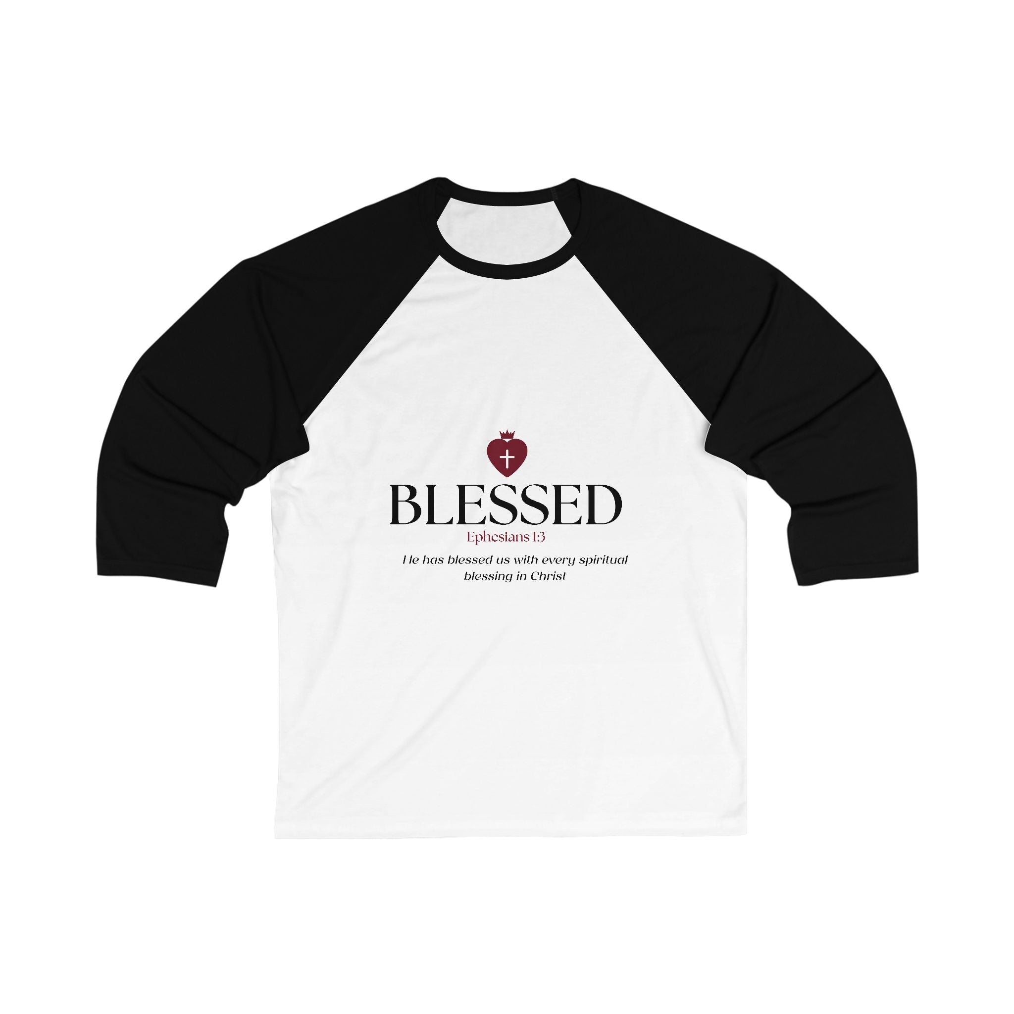Christian T-Shirt_"BLESSED" Ephesians1:3 3\4 Sleeve Baseball Tee
