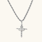 Silver-tone necklace with dimensional orb pendant, cross crown detail, and zirconia stones on twisted rope chain