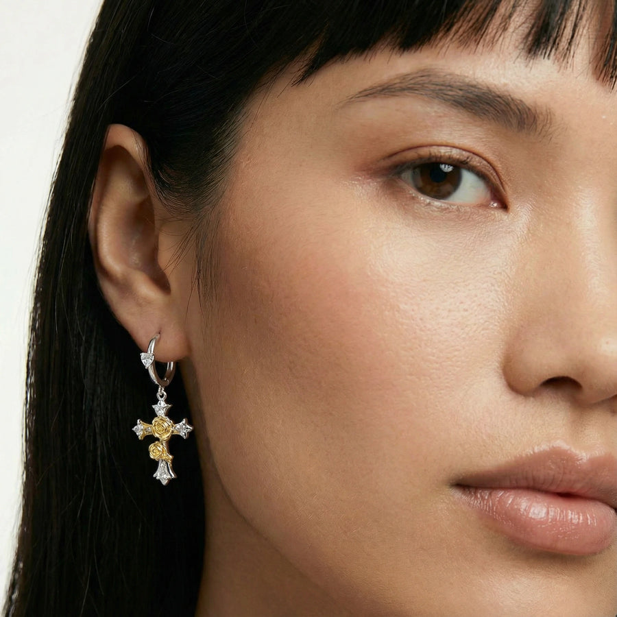 Golden Rose Cross Earrings
