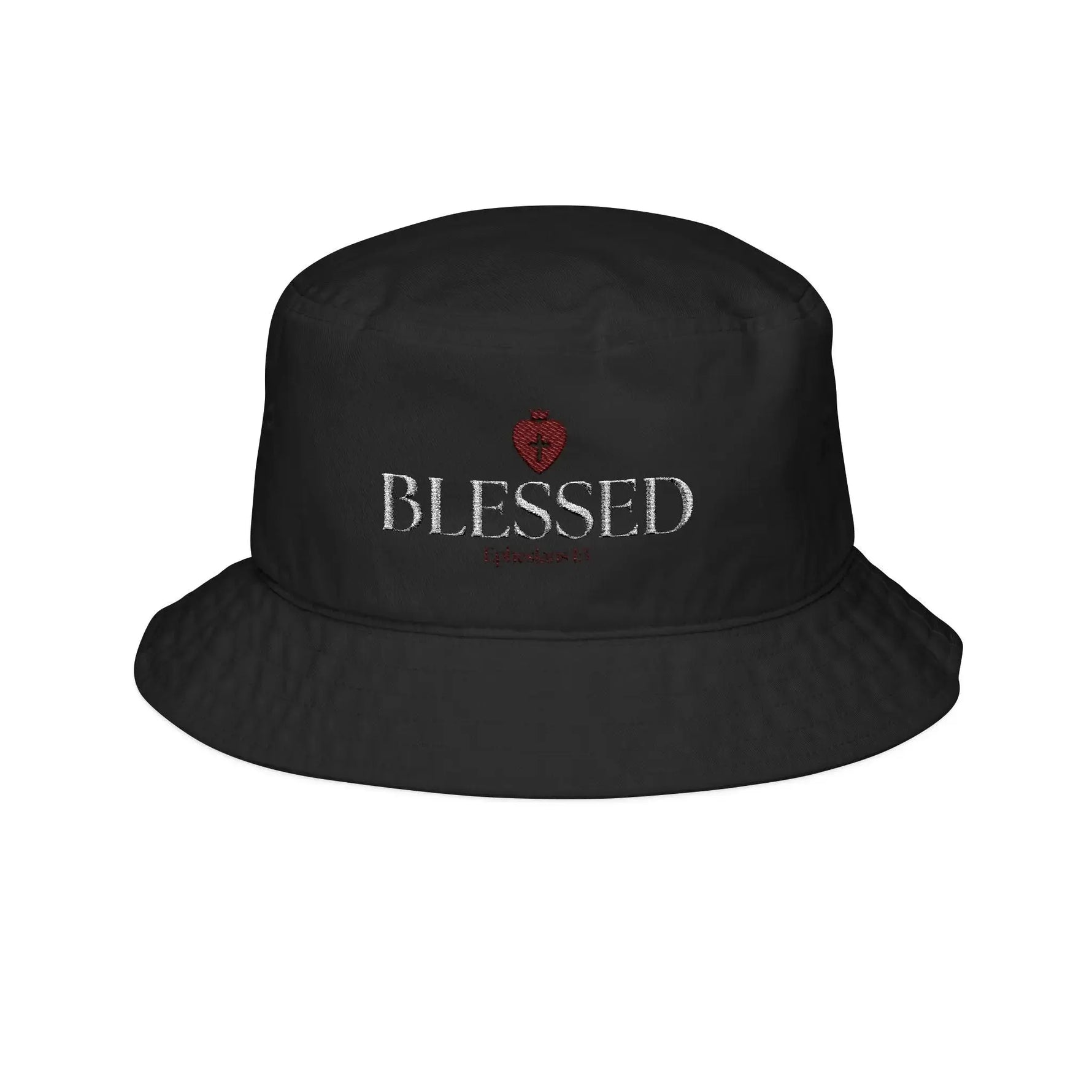 Christian bucket hat embroidery detail close-up, faith accessory