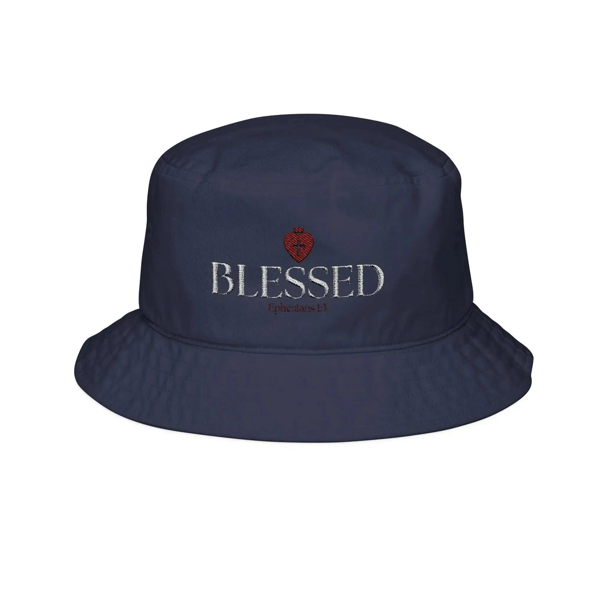 Woman wearing Christian embroidered bucket hat, faith gift for her