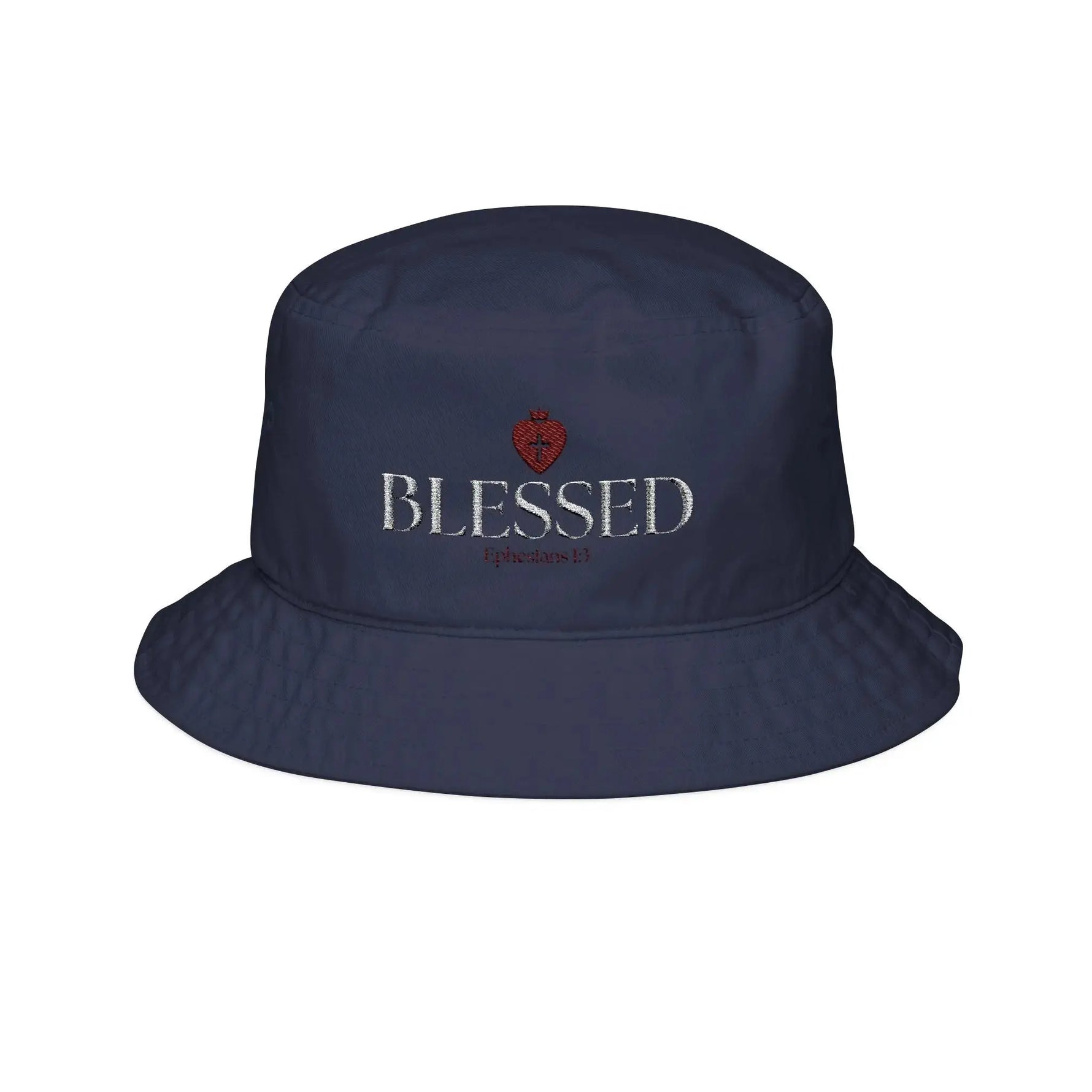 Woman wearing Christian embroidered bucket hat, faith gift for her