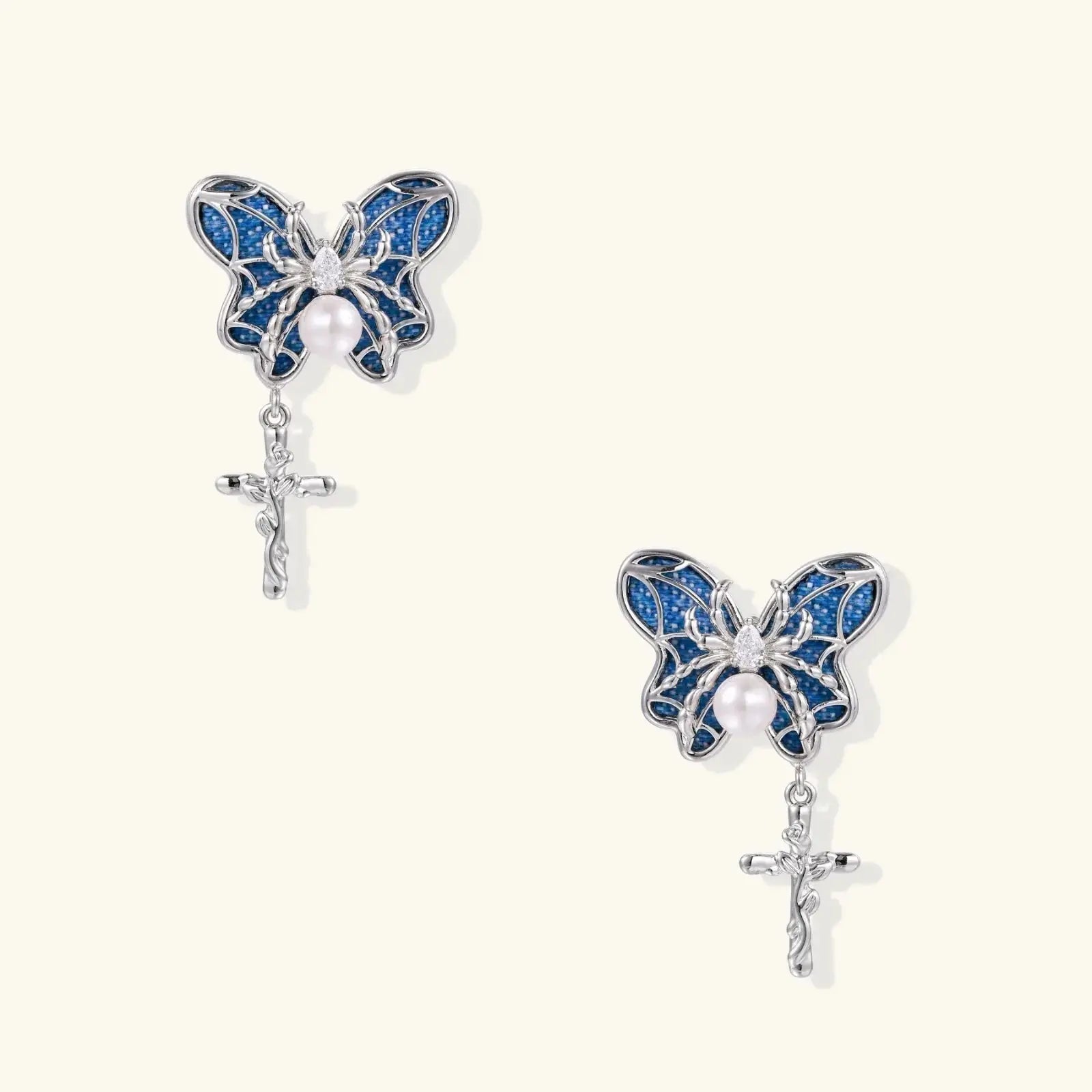 Celestial butterfly cross earrings detail, Christian faith jewelry