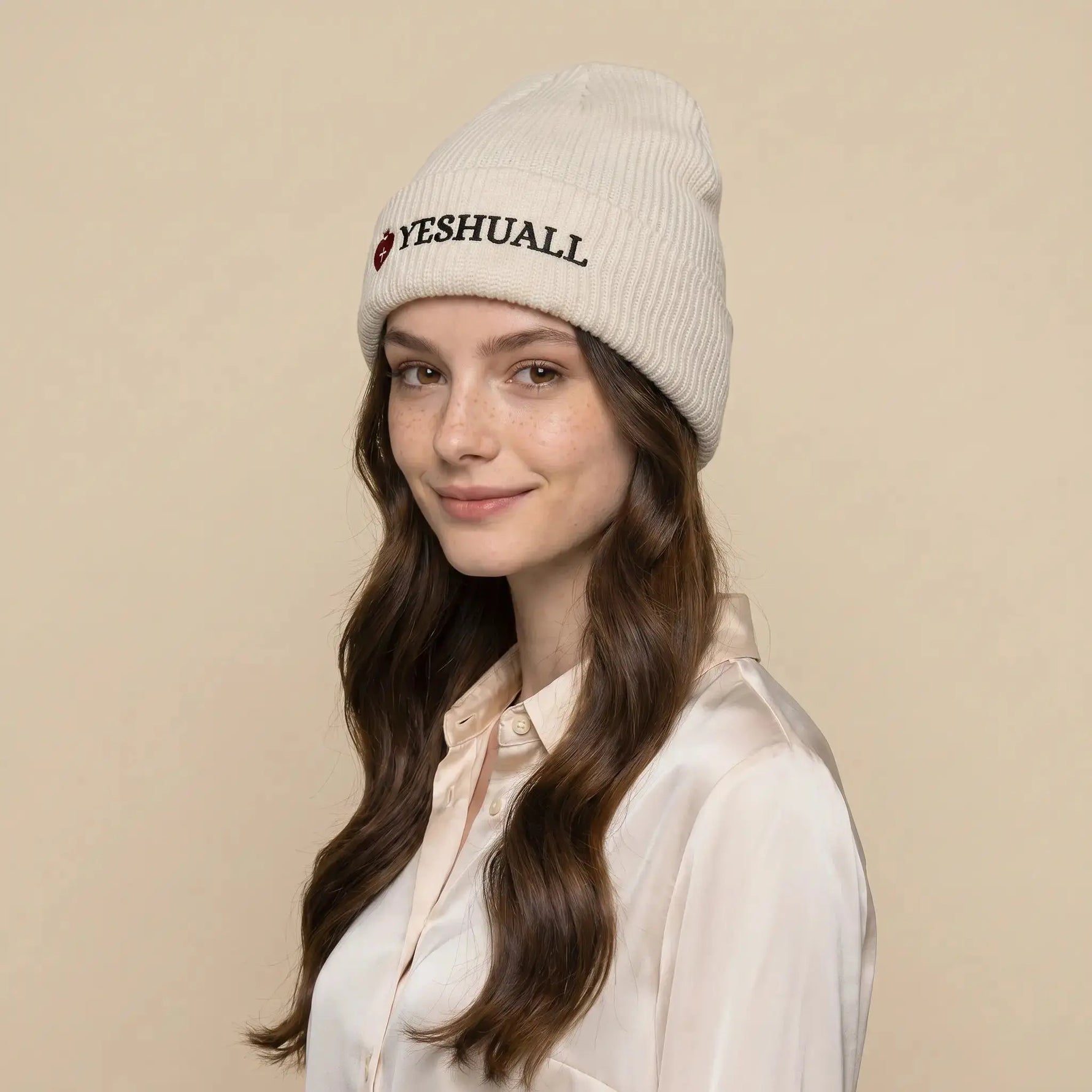 Christian faith beanie top view, embroidered women's hat detail