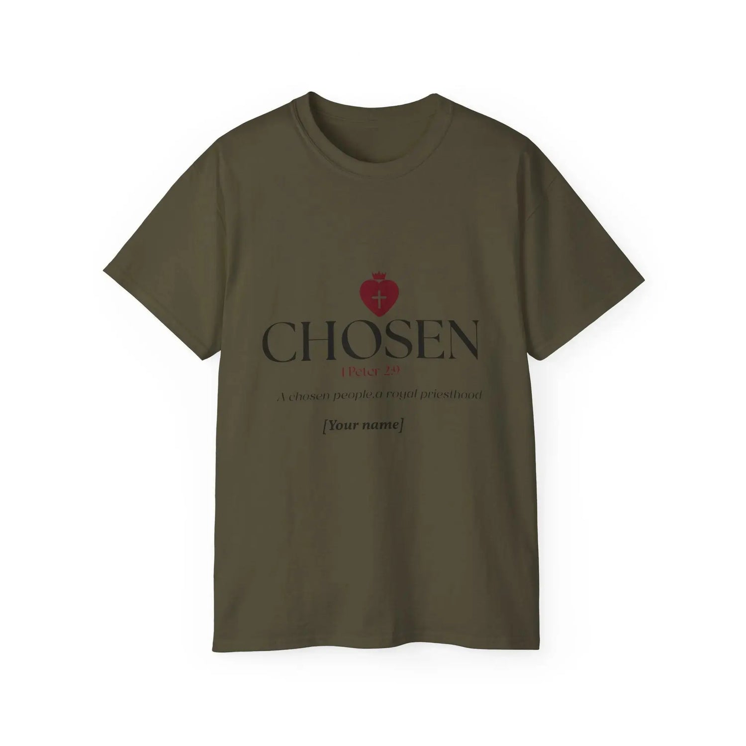 CHOSEN tee sand color flatlay, faith based apparel 1 Peter 2:9