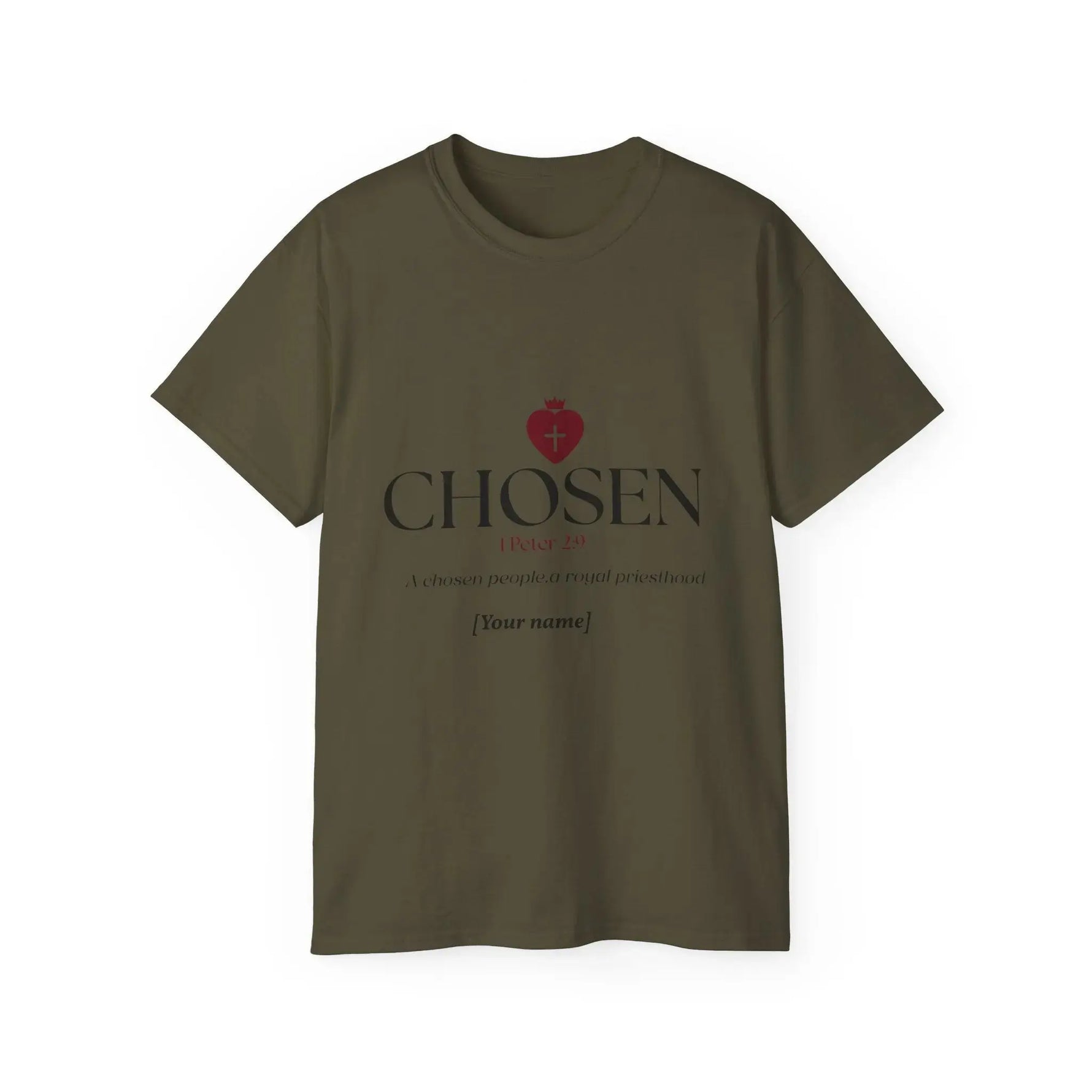 CHOSEN tee sand color flatlay, faith based apparel 1 Peter 2:9