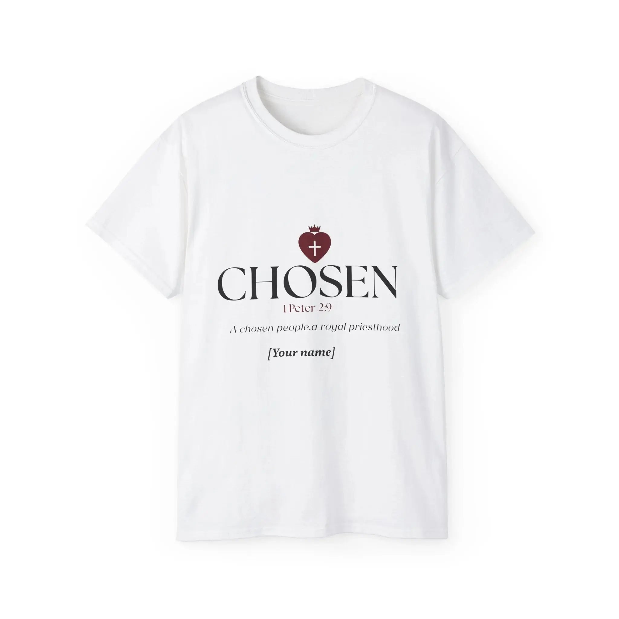 Chosen Bible verse tee front print detail, Christian women's clothing