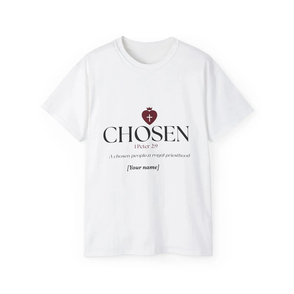 Chosen Bible verse tee front print detail, Christian women's clothing