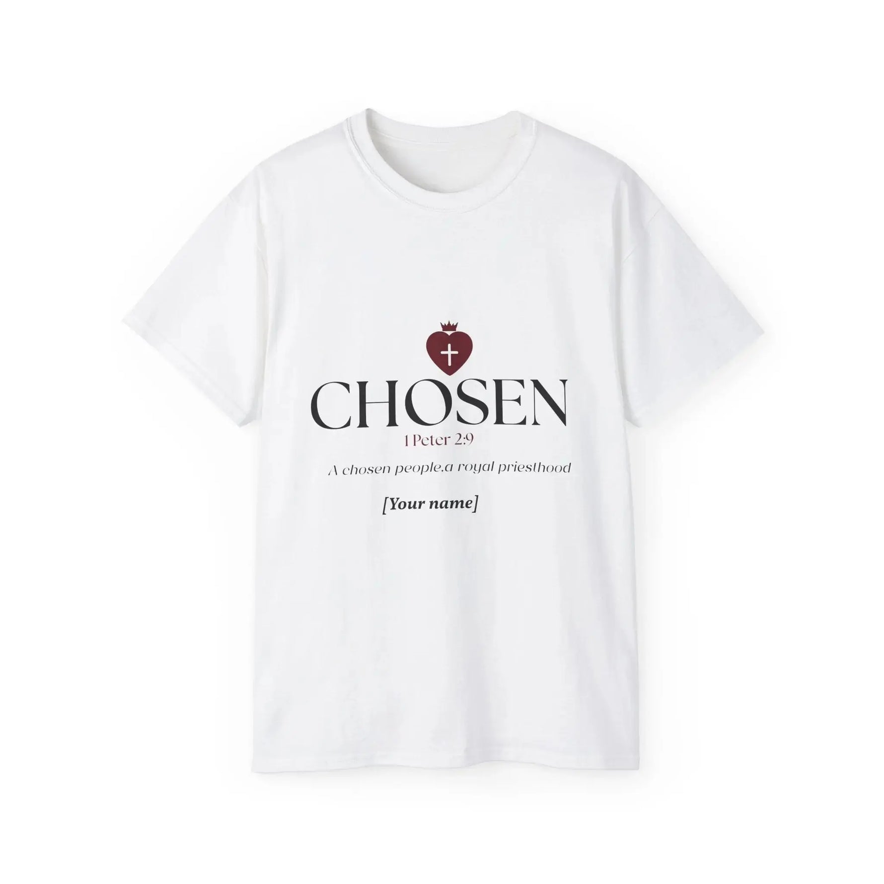 Chosen Bible verse tee front print detail, Christian women's clothing