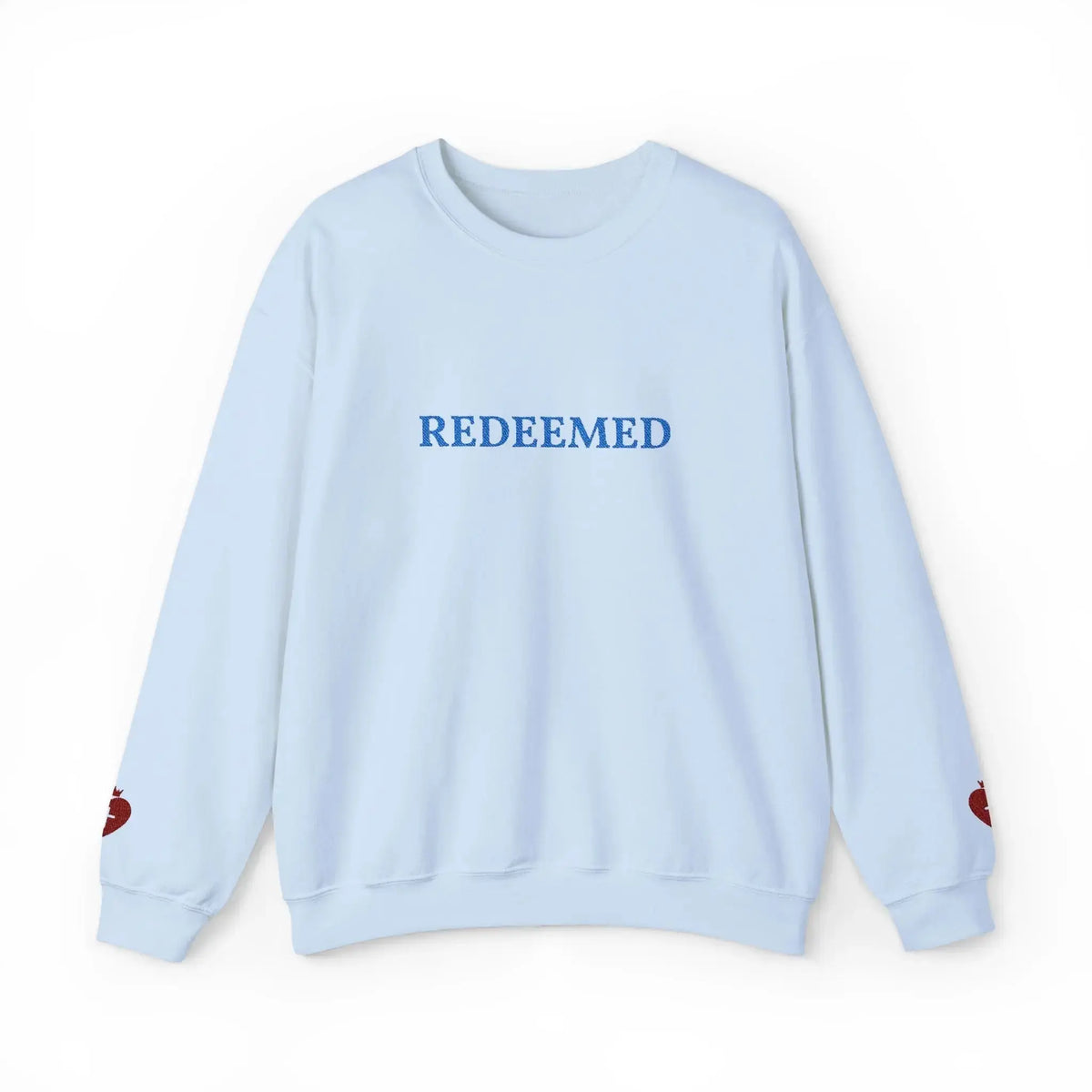 Woman wearing REDEEMED faith crewneck, Christian gift for her