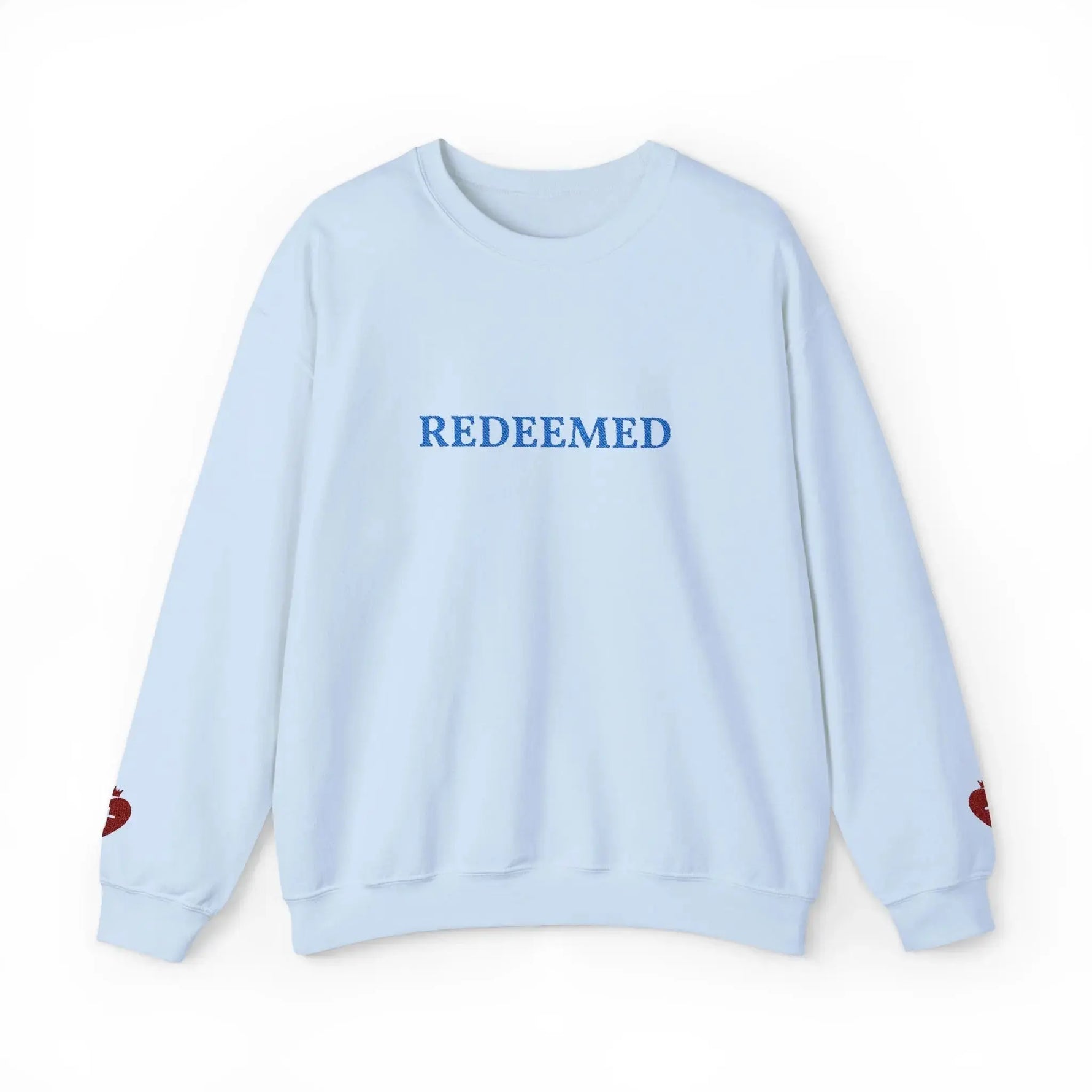 Woman wearing REDEEMED faith crewneck, Christian gift for her