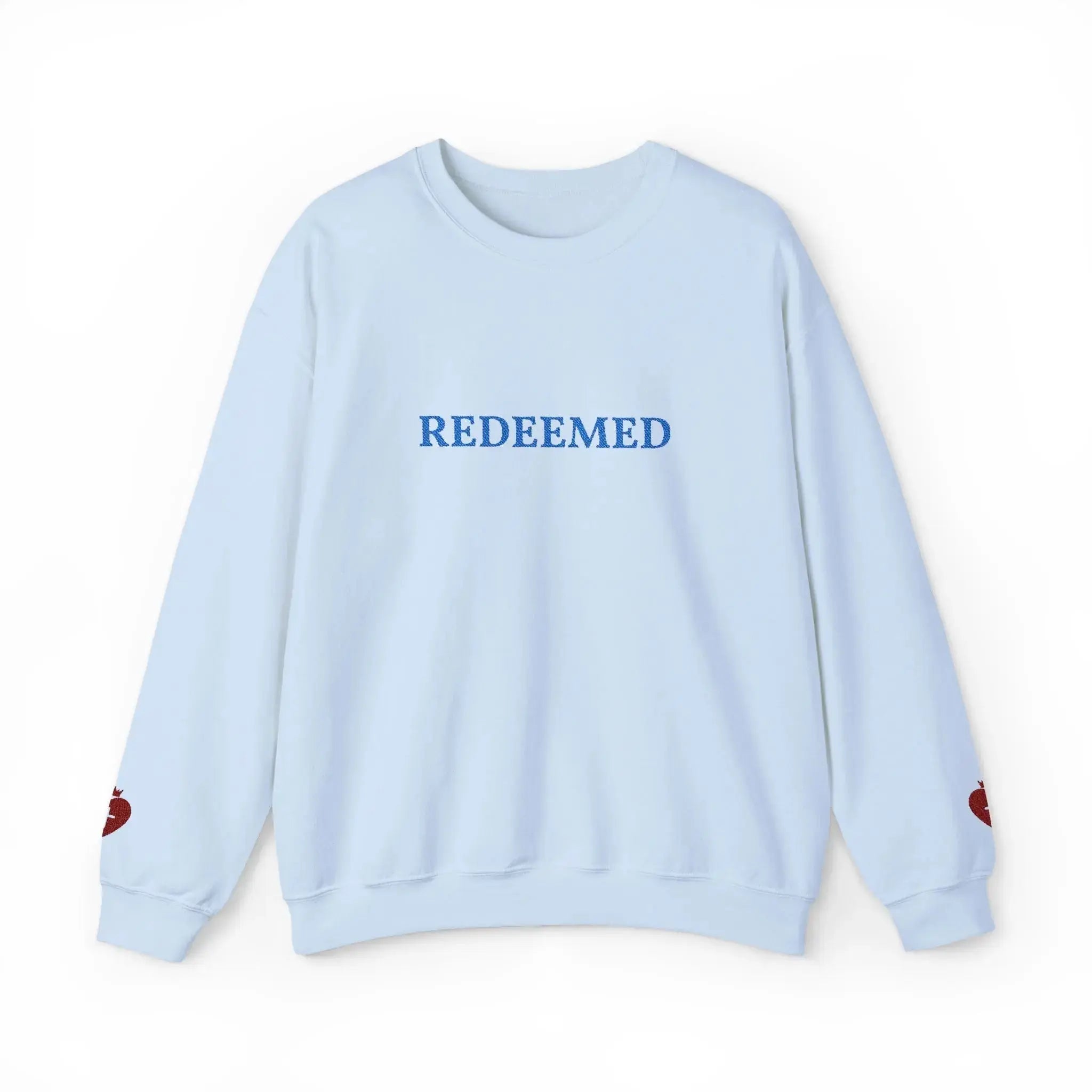 Woman wearing REDEEMED faith crewneck, Christian gift for her