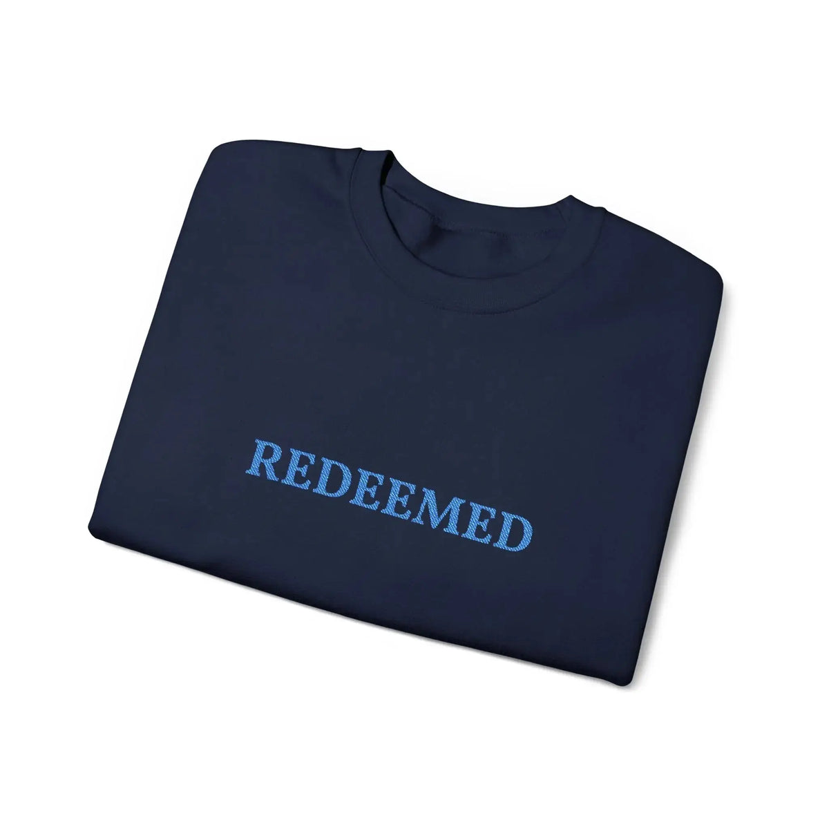 REDEEMED sweatshirt embroidery detail, Christian faith women's top