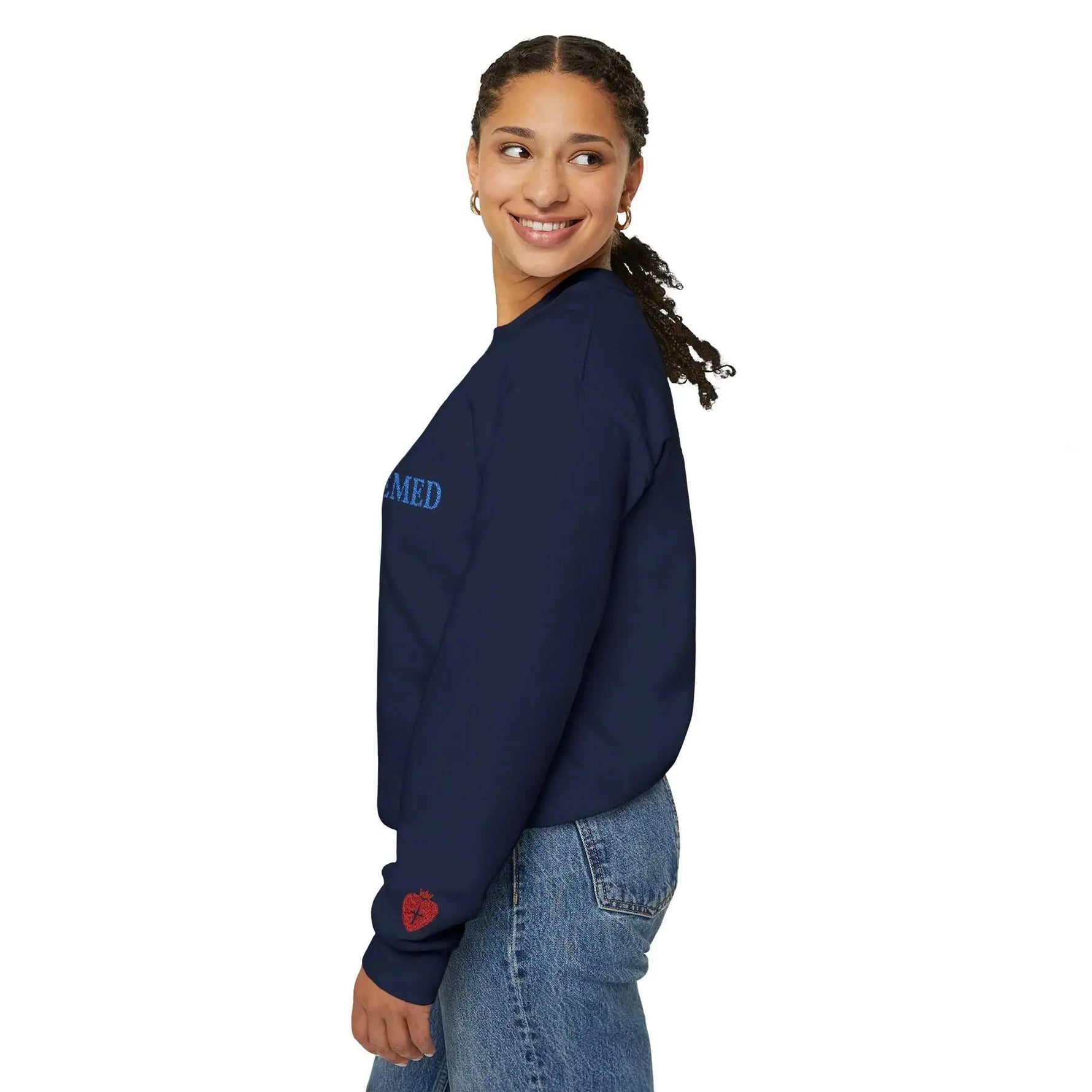 REDEEMED crewneck sweatshirt on model, Christian faith women