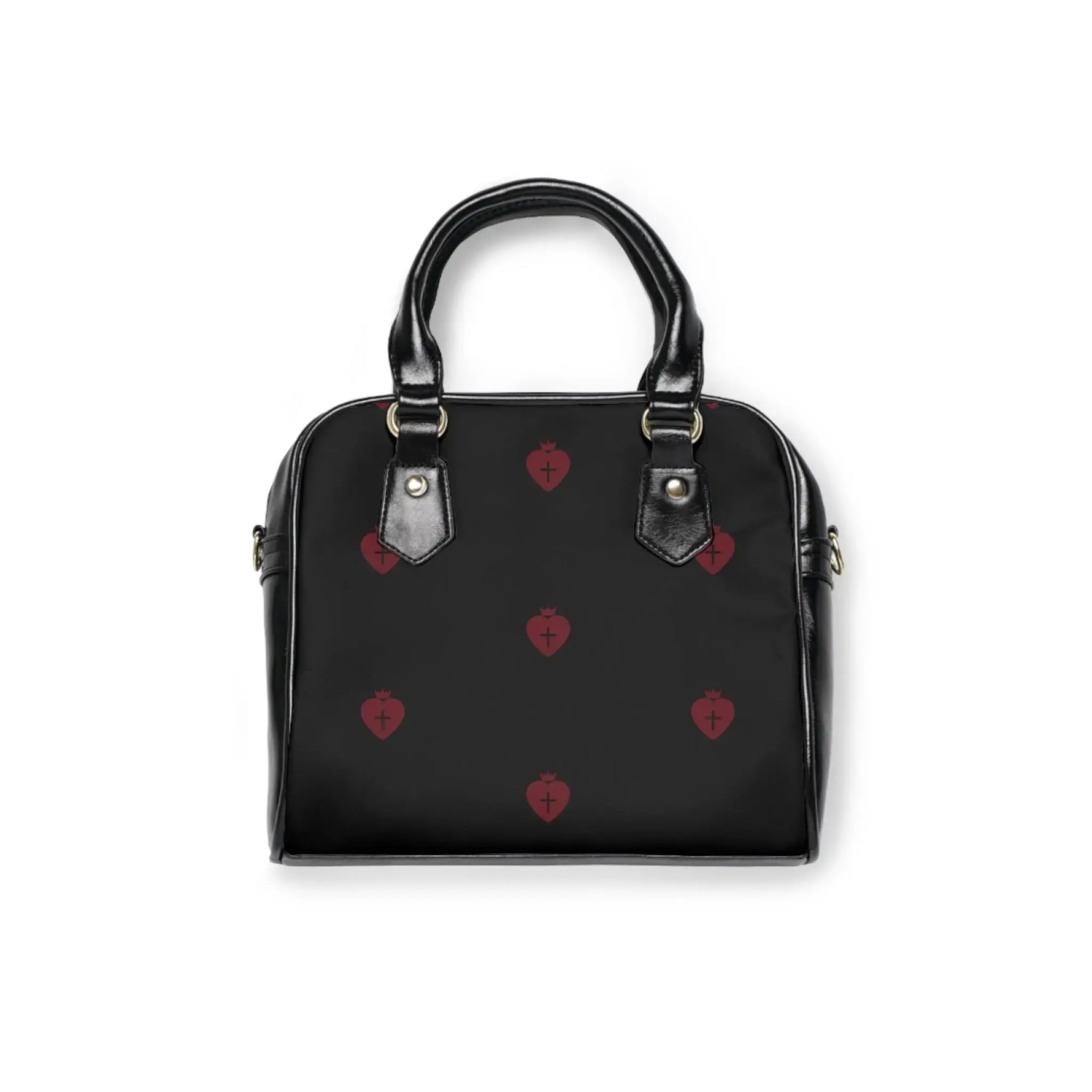 Woman carrying black Christian shoulder bag, religious gift for her