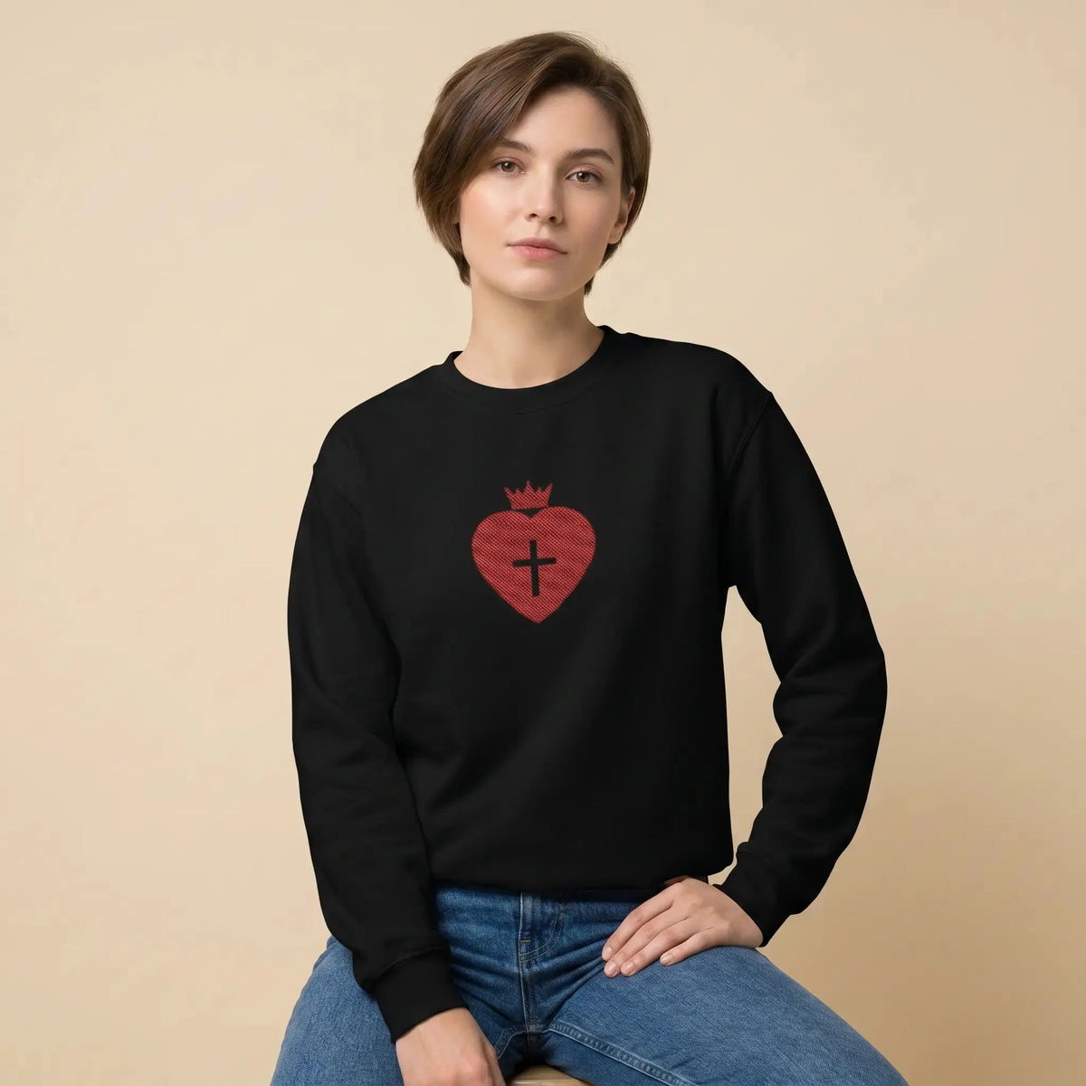 Daughter of the King sweatshirt embroidery detail, faith women's top