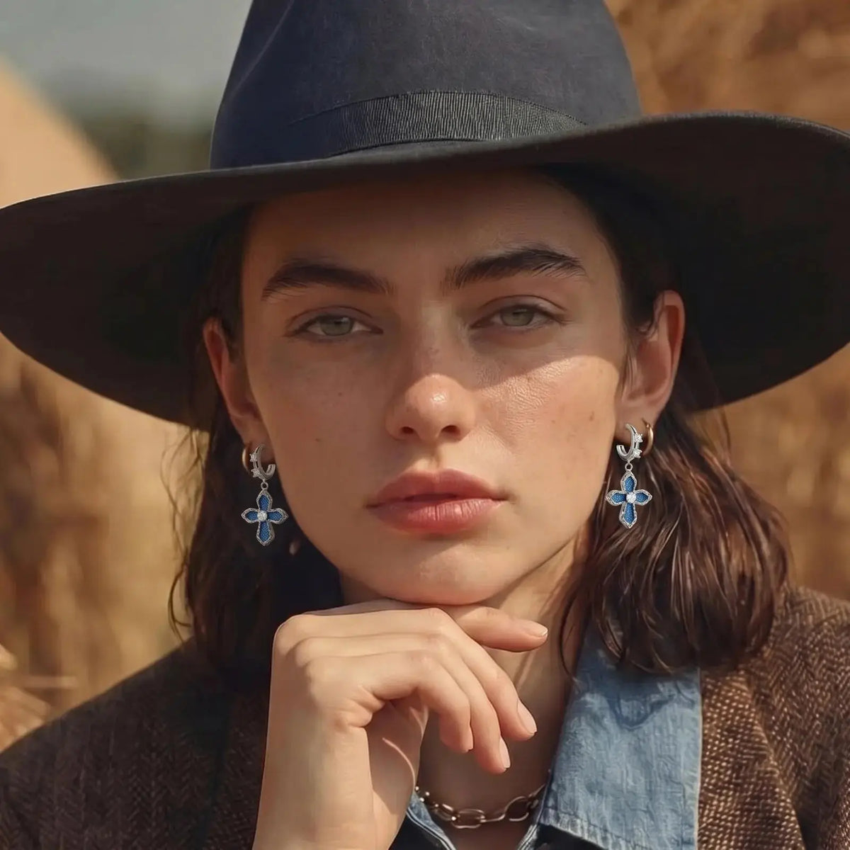 Denim cross drop earrings Christian faith jewelry, YESHUALL