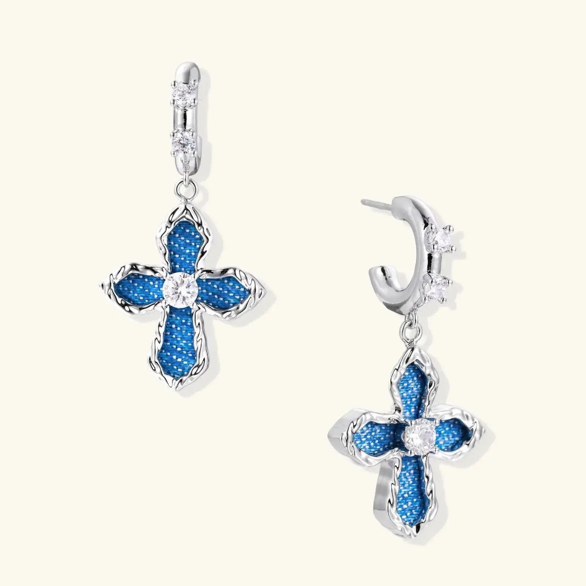 Denim cross earrings close-up detail, Christian faith jewelry