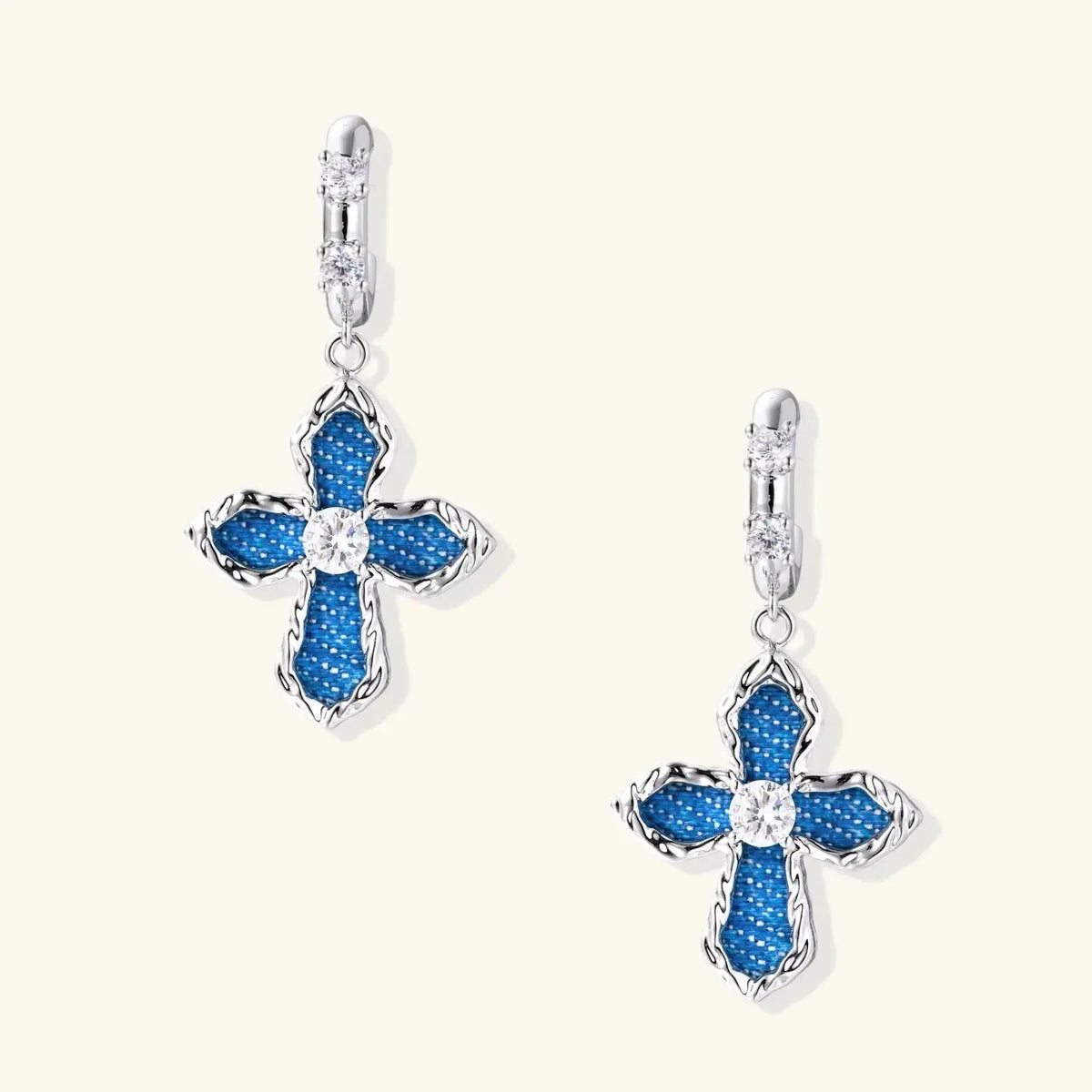Woman wearing denim cross drop earrings, Christian jewelry gift