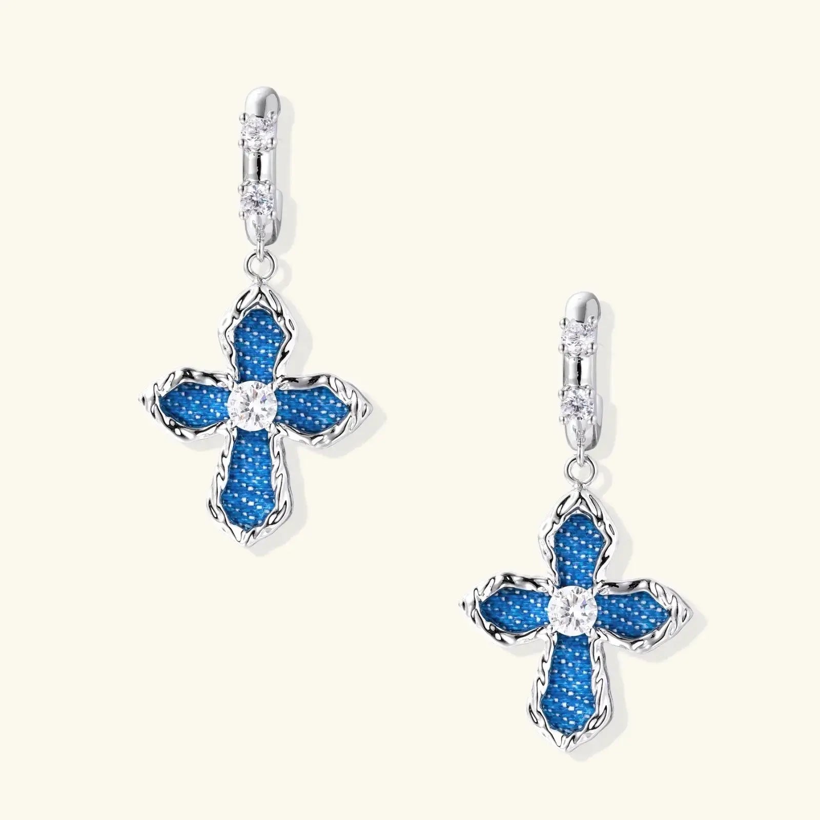 Woman wearing denim cross drop earrings, Christian jewelry gift