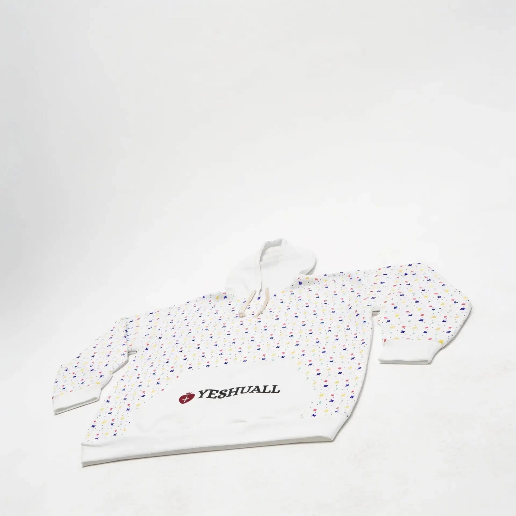 Full print white Christian pullover hoodie back view, YESHUALL faith wear