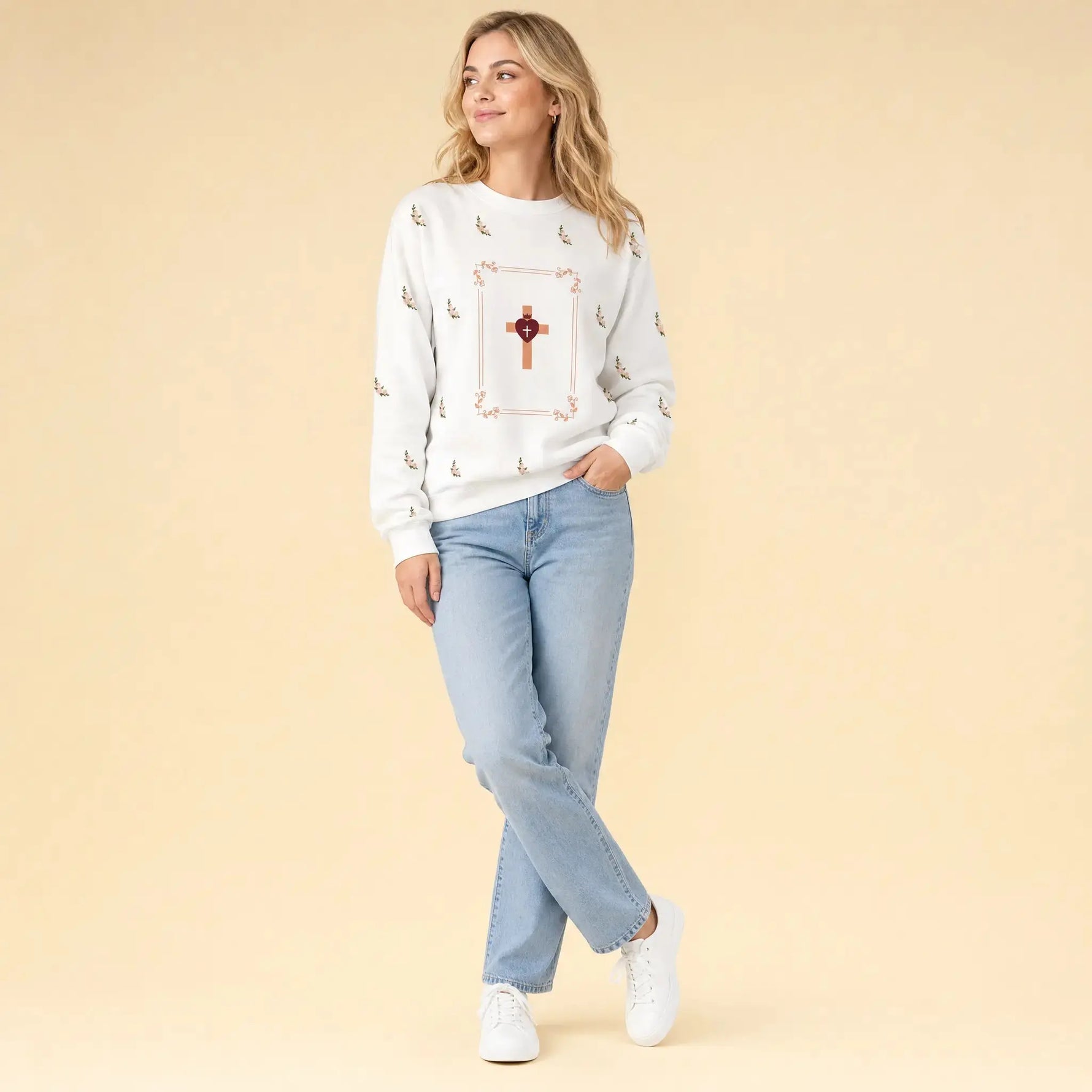 Woman wearing Heart Cross lightweight faith sweatshirt, gift for her
