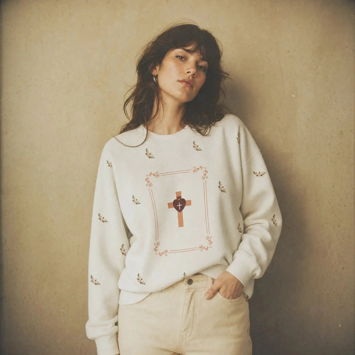 Heart Cross lightweight sweatshirt back view, Christian women's top