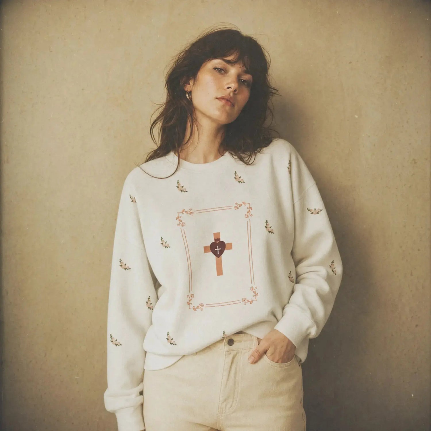 Heart Cross lightweight sweatshirt back view, Christian women's top