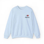 Woman wearing I Love Jesus faith crewneck, Christian gift for her