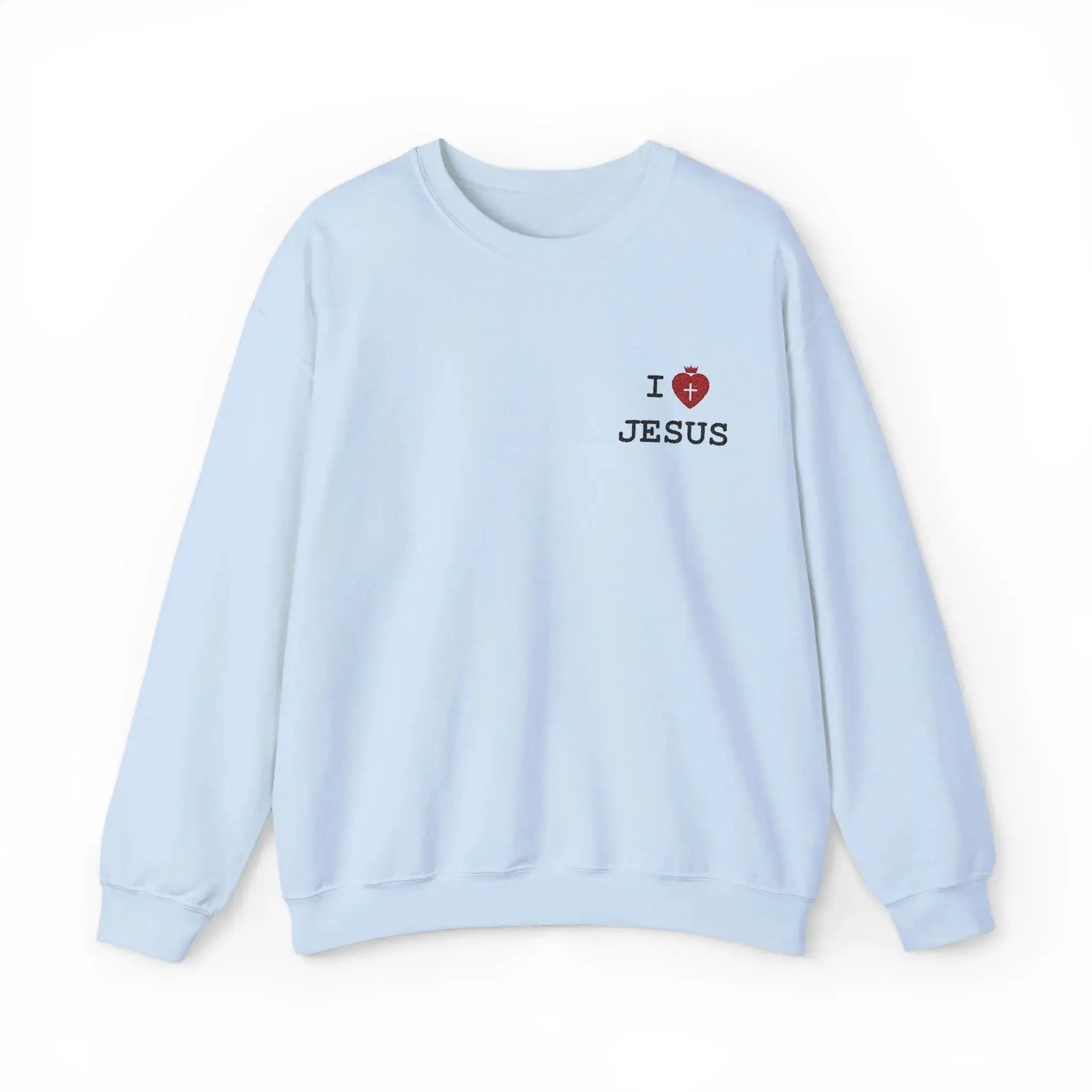 Woman wearing I Love Jesus faith crewneck, Christian gift for her