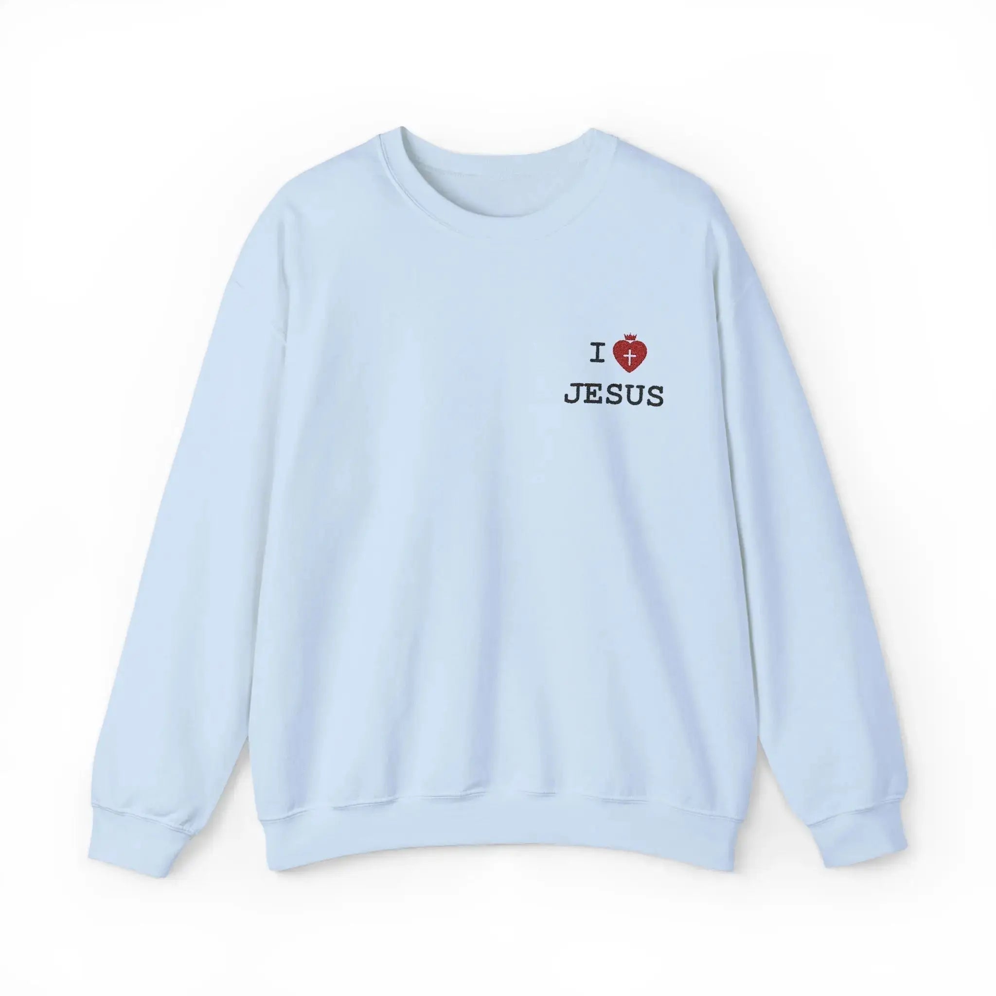 Woman wearing I Love Jesus faith crewneck, Christian gift for her
