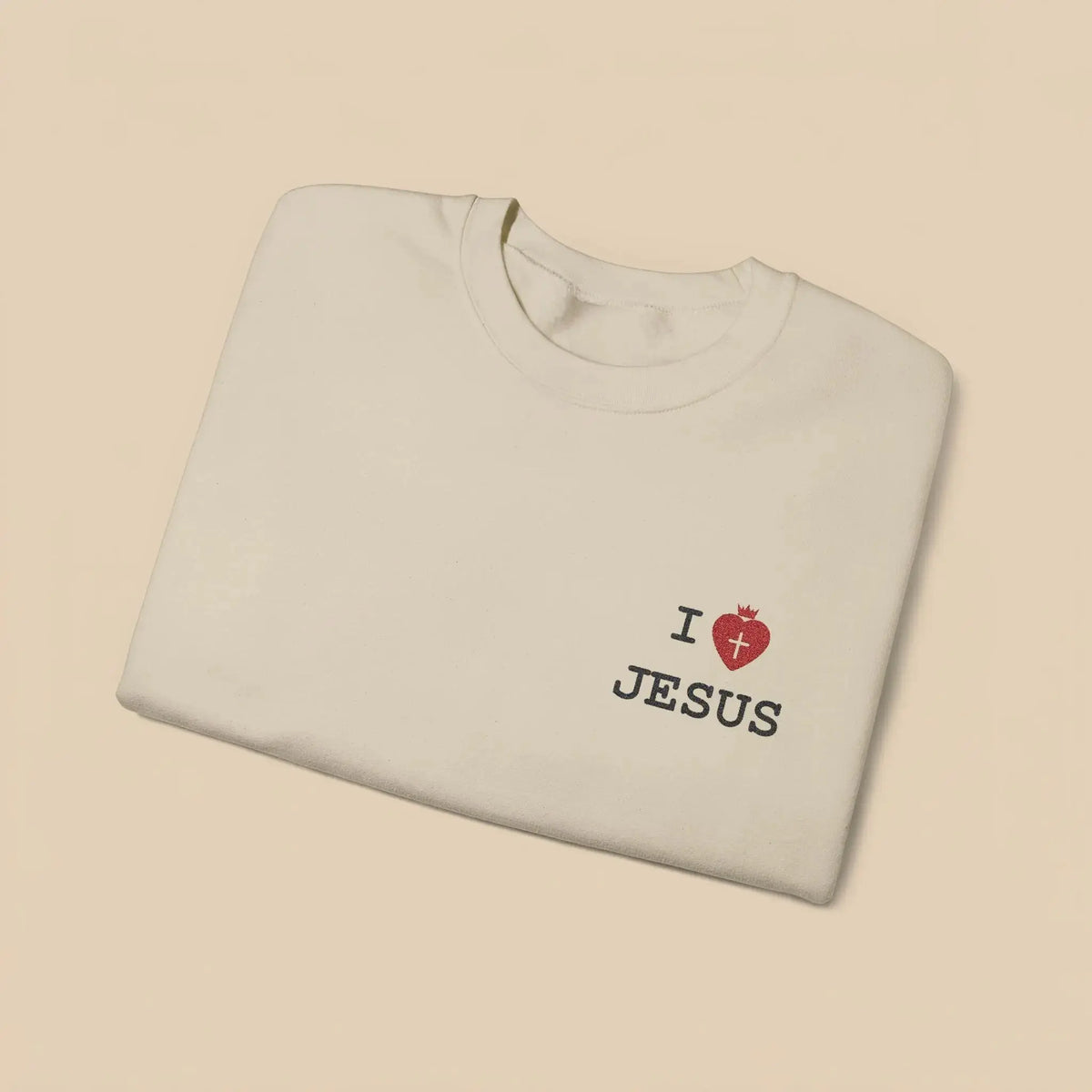 I Love Jesus crewneck side view, Christian faith women's apparel