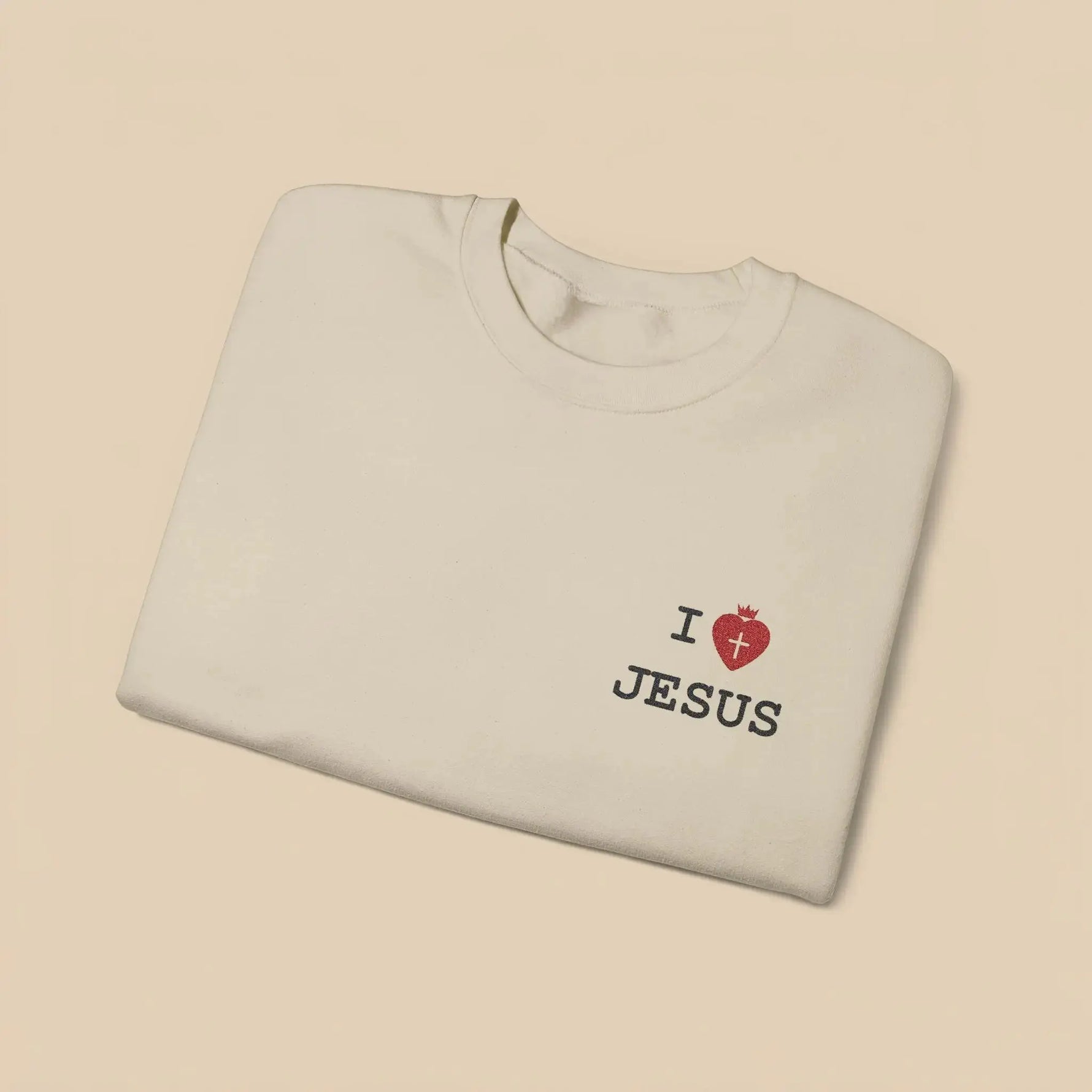 I Love Jesus crewneck side view, Christian faith women's apparel