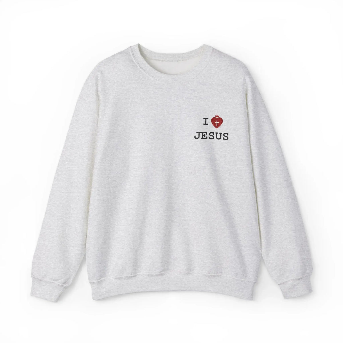 I Love Jesus sweatshirt front embroidery detail, Christian women's top