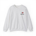 I Love Jesus sweatshirt front embroidery detail, Christian women's top