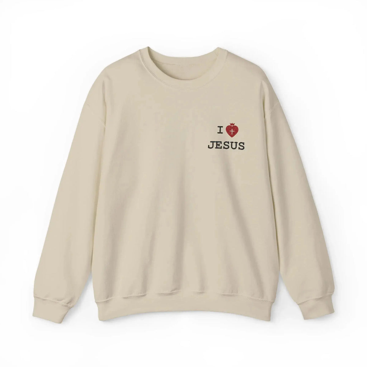 I Love Jesus crewneck embroidery close-up, Christian women's top