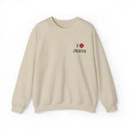 I Love Jesus crewneck embroidery close-up, Christian women's top