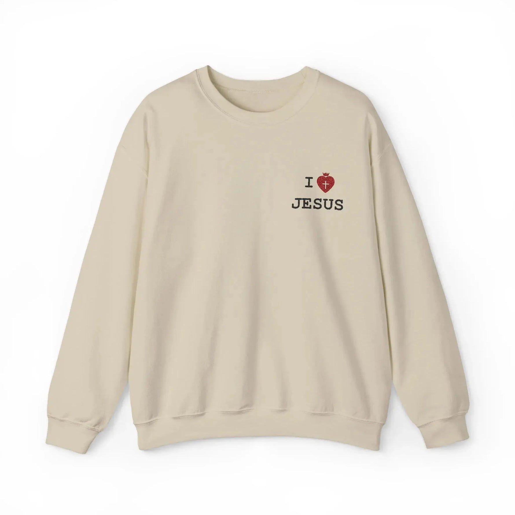 I Love Jesus crewneck embroidery close-up, Christian women's top