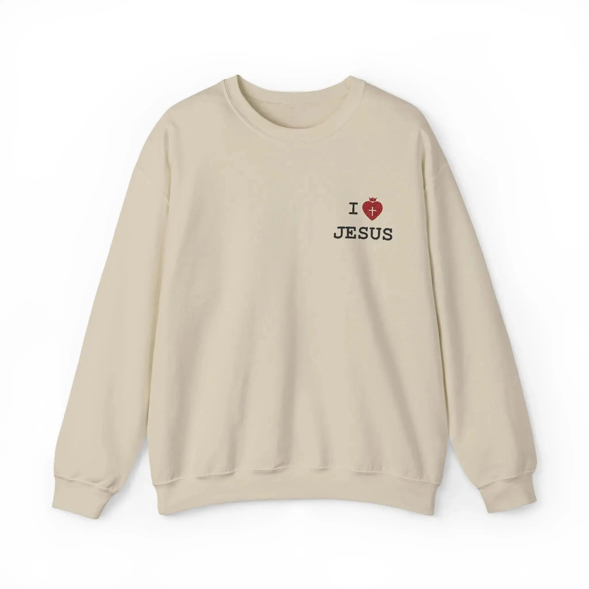 I Love Jesus crewneck embroidery close-up, Christian women's top