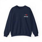 I Love Jesus shadow crewneck front detail, Christian women's top