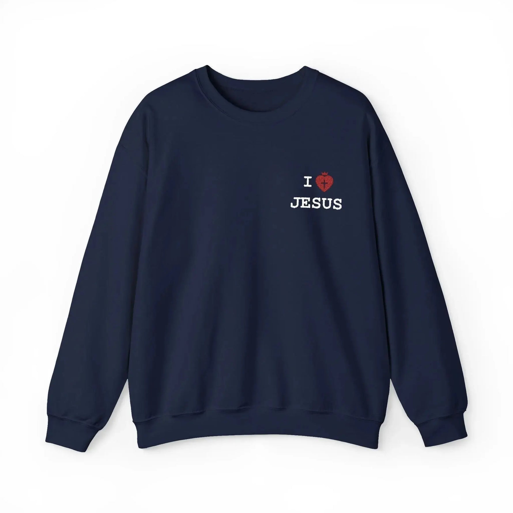 I Love Jesus shadow crewneck front detail, Christian women's top