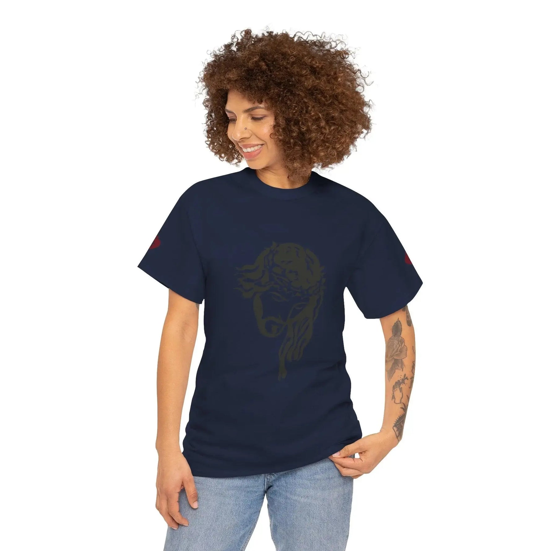 JESUS heavy cotton tee worn model front back, Christian faith