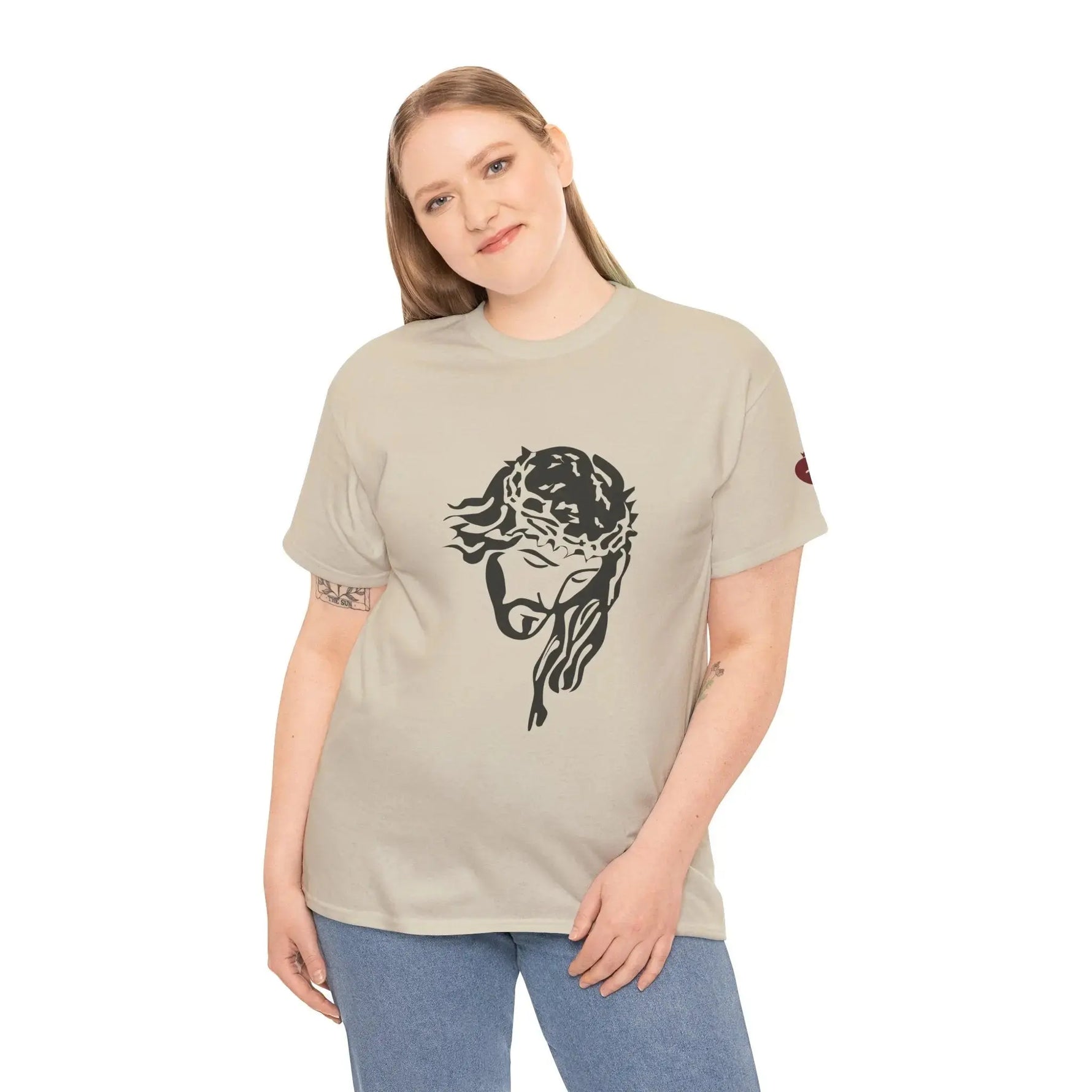 JESUS tee embroidery detail, bold Christian heavy cotton shirt