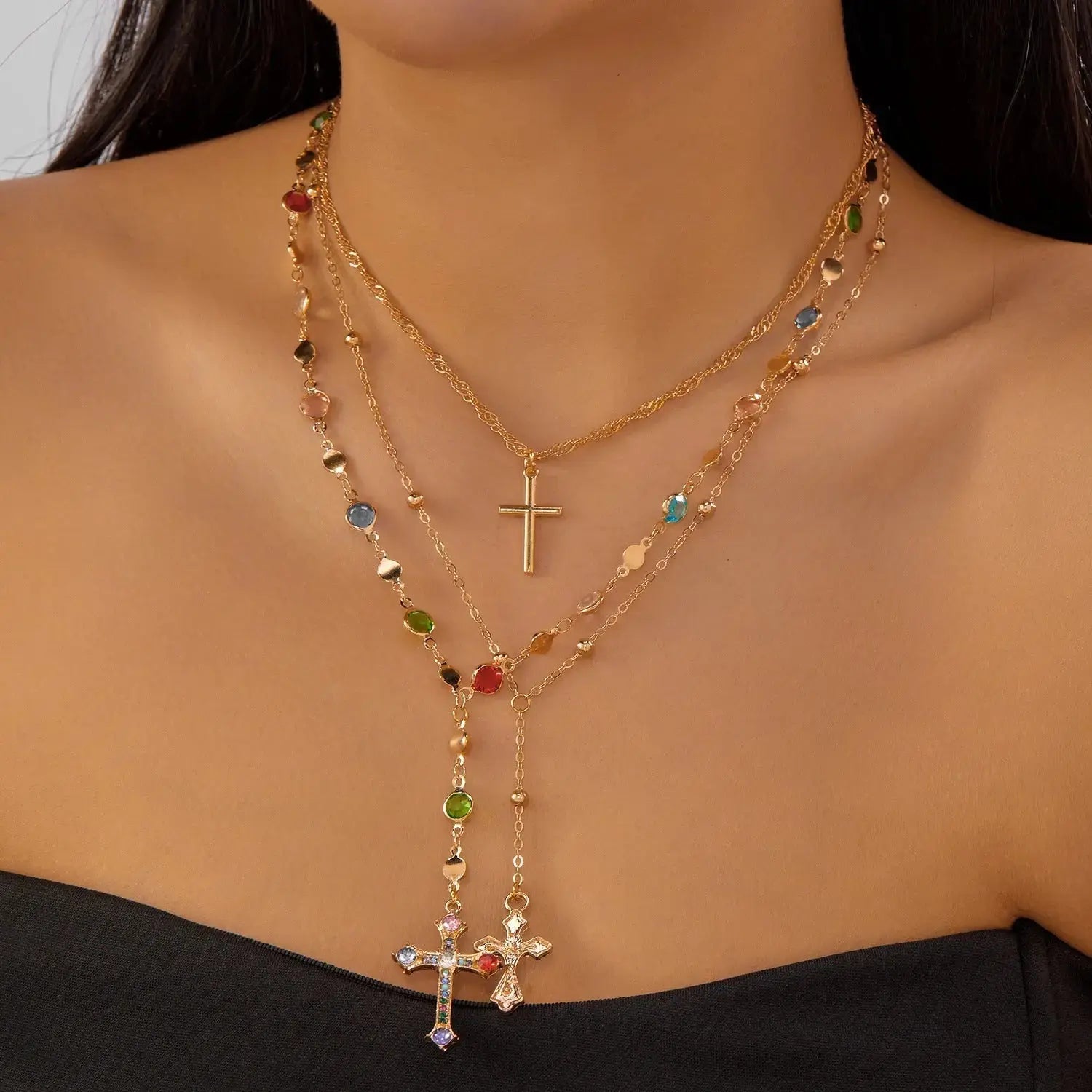 Layered Heart Cross Tassel Necklace - YESHUALL