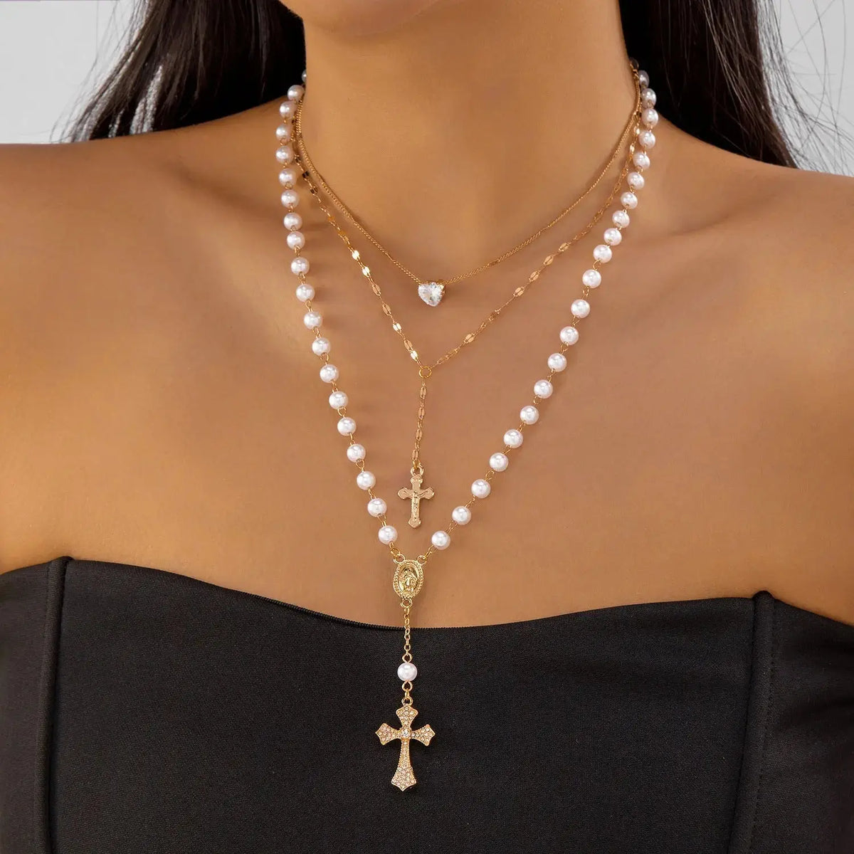 Layered Heart Cross Tassel Necklace - YESHUALL
