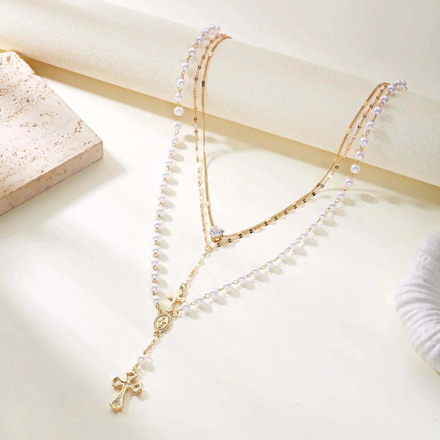 Layered Heart Cross Tassel Necklace - YESHUALL
