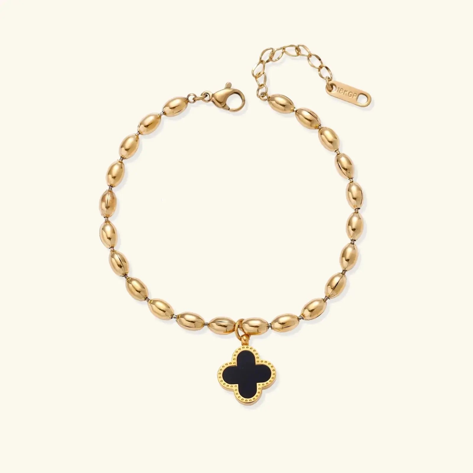 Woman wearing clover beaded bracelet, Christian jewelry gift