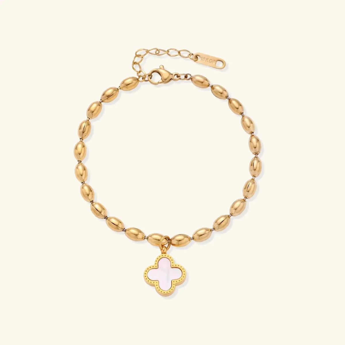 Clover beaded bracelet detail close-up, Christian faith jewelry