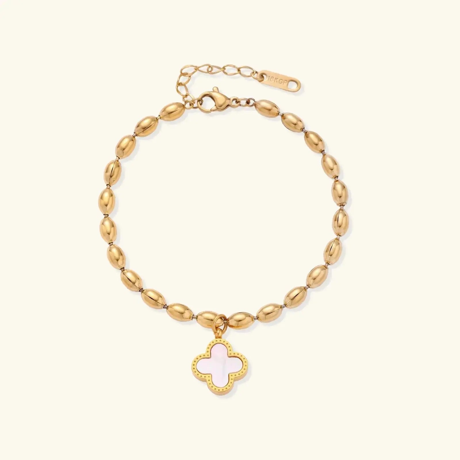Clover beaded bracelet detail close-up, Christian faith jewelry