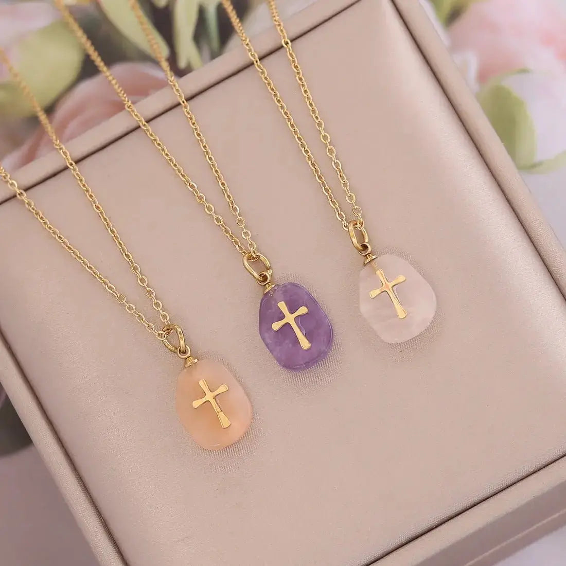 Natural Stone Cross Necklace Stainless Steel Jewelry - YESHUALL